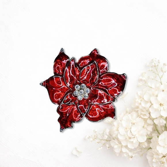 Jewelry - 6365. Red Floral Crystal Brooch Christmas Poinsettia